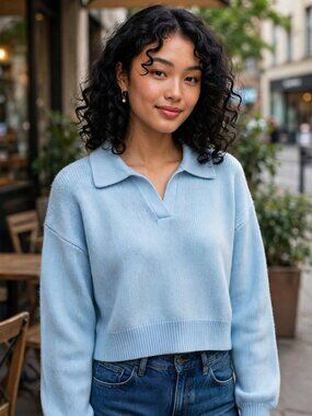 Organic Cotton Light Blue Polo Cropped Knit Sweater NWOT